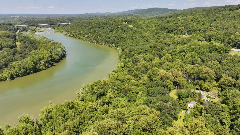 Aerial view of a wide river bending through dense green forest, an arch bridge crossing it in the distance under a summer sky.