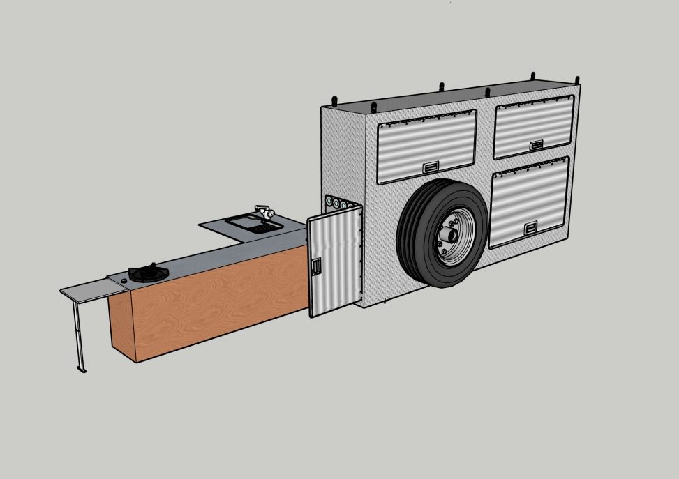 SketchUp 3D design render of the camper's welded front box: spare tire, three hatches, a side door, and a fold-out counter with a sink.