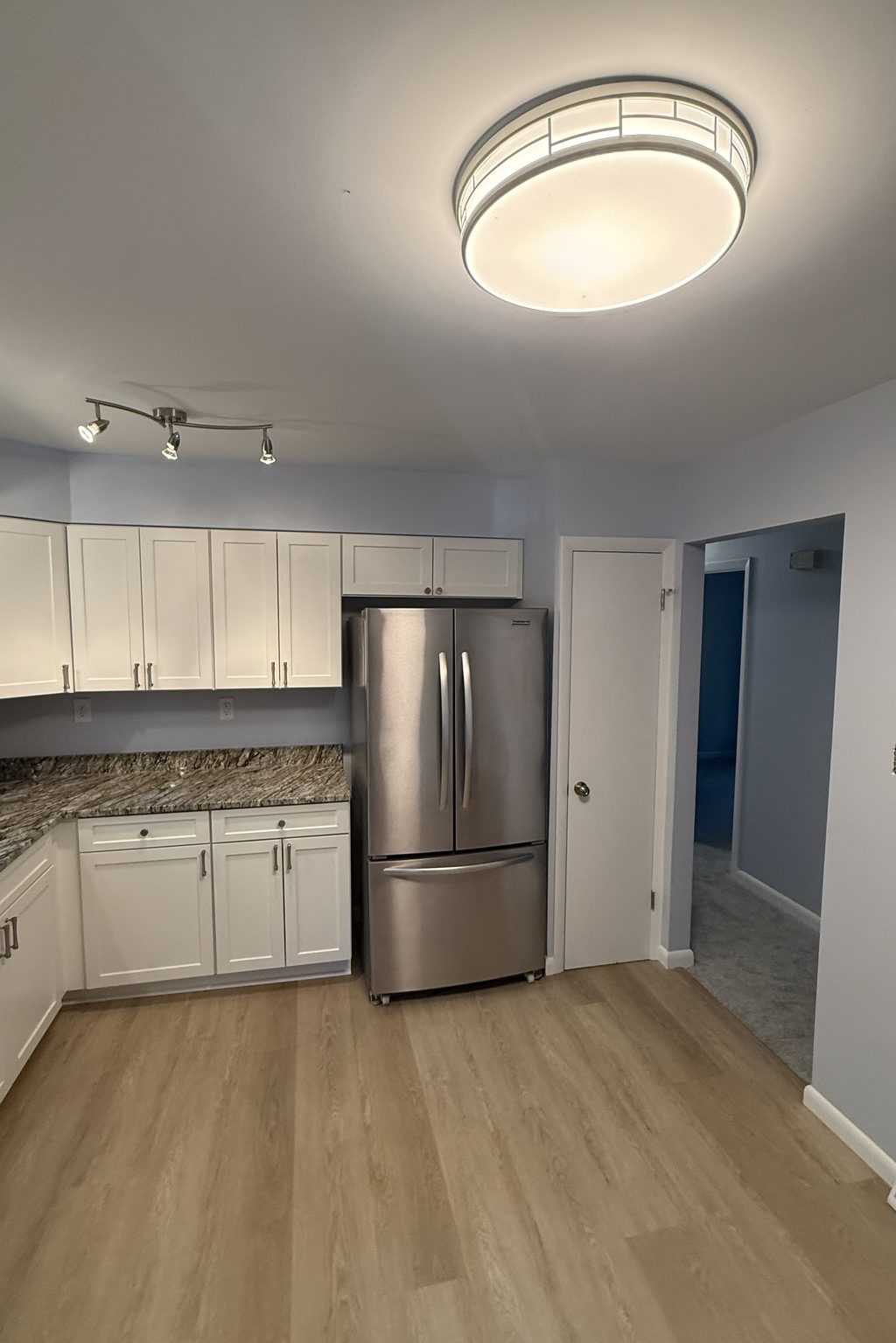 Finished kitchen: white shaker cabinets, granite counters, stainless French-door fridge, new ceiling light and LVP floor.